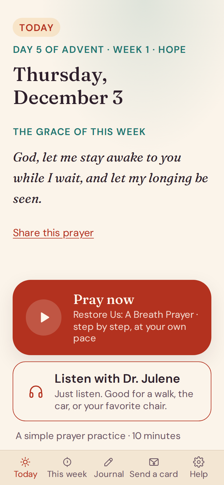 The Sacred Seasons app on a phone, showing today's prayer and a Pray now button