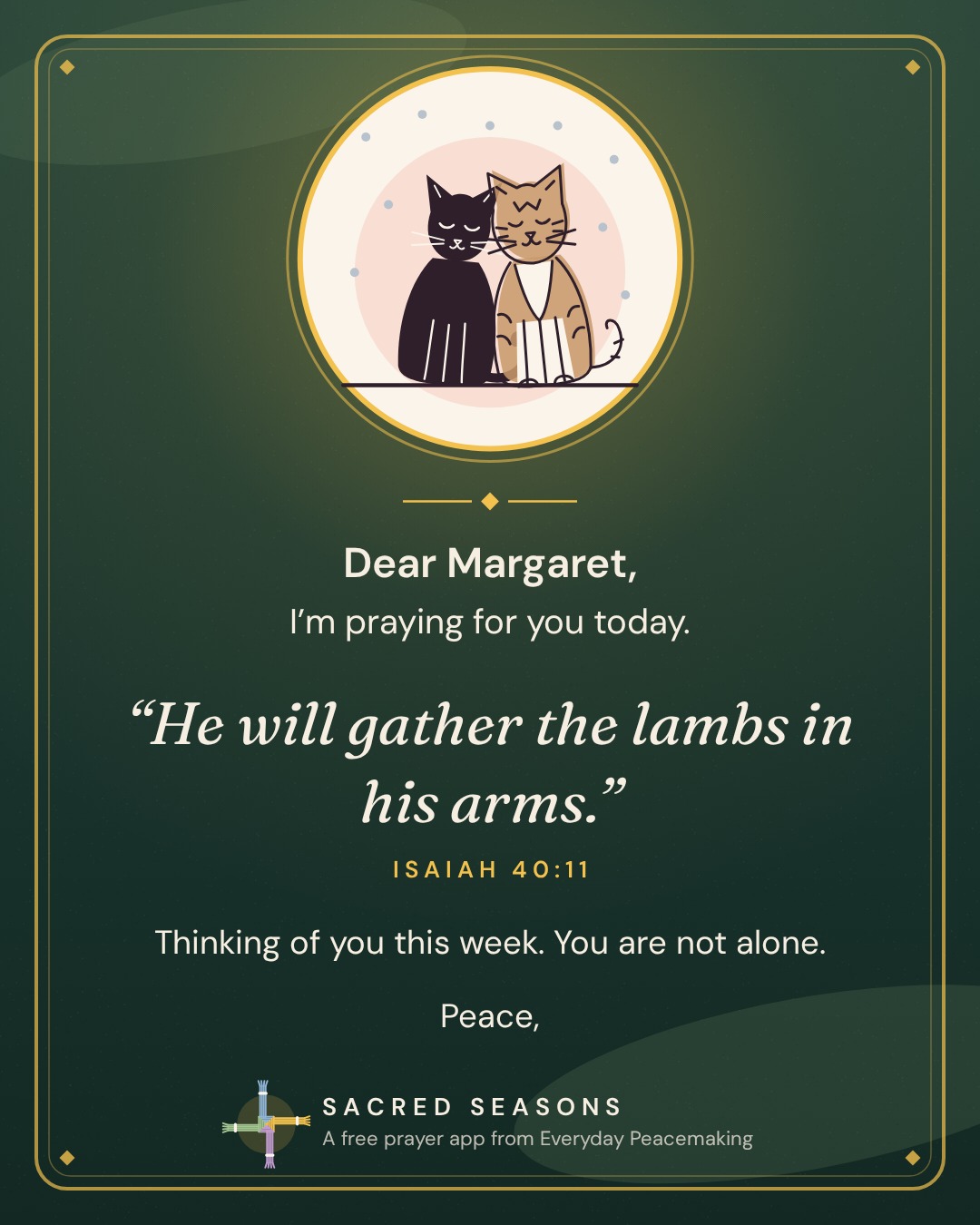 A prayer card that says Dear Margaret, I'm praying for you today, with a verse from Isaiah and a drawing of Thurman and King